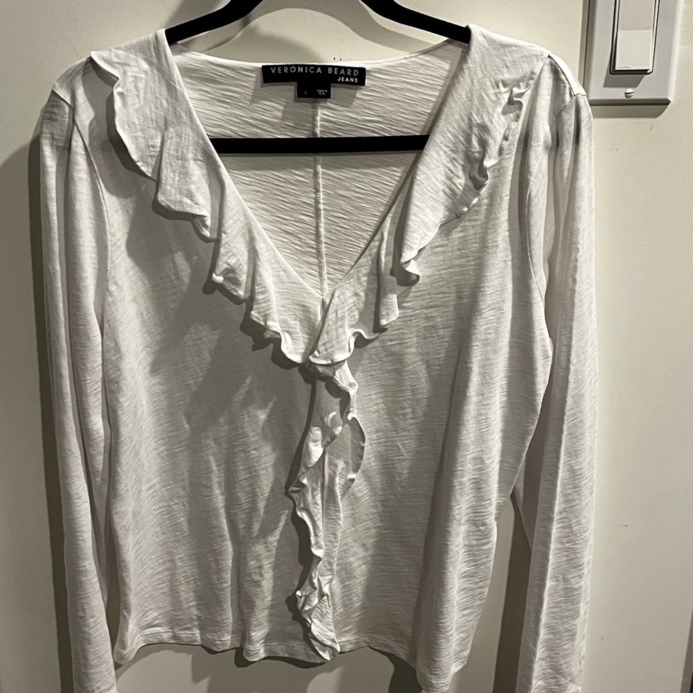 Veronica Beard Cream Ruffle V-Neck T Shirt